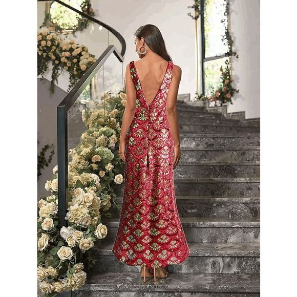 ✨❤️ Formal Red Sequin Mermaid Column Art Deco 1920s Long Gown Maxi Dress L NWT - Picture 8 of 13